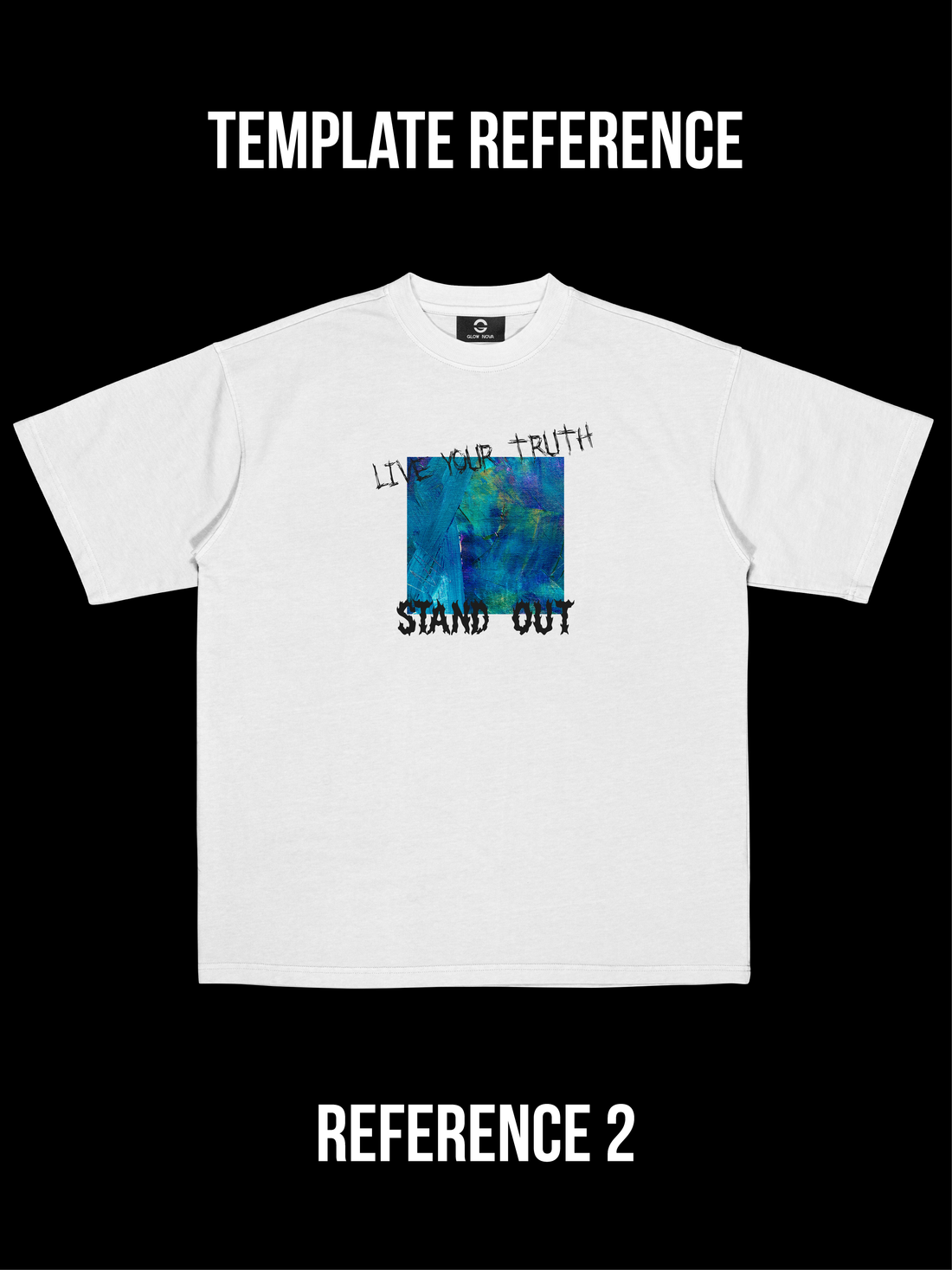 Custom T-shirt featuring a square graphic with cutout text — users can upload an image and add hollowed-out numbers, phrases, or tags, soft cotton, minimal industrial design.