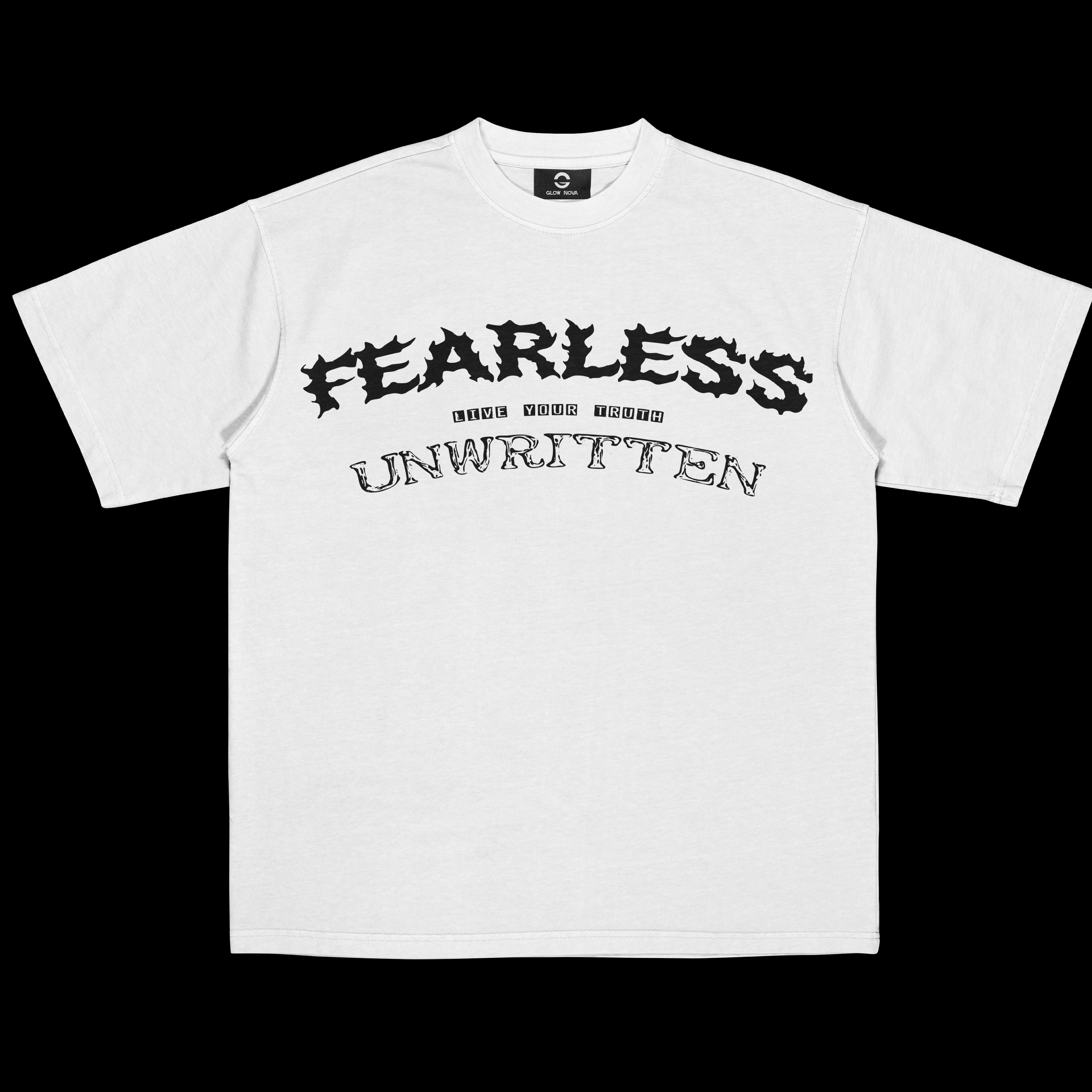 Custom T-shirt featuring curved text as the main graphic — fully customizable text, adjustable curve, typeface, and position, soft cotton, clean experimental typography design.