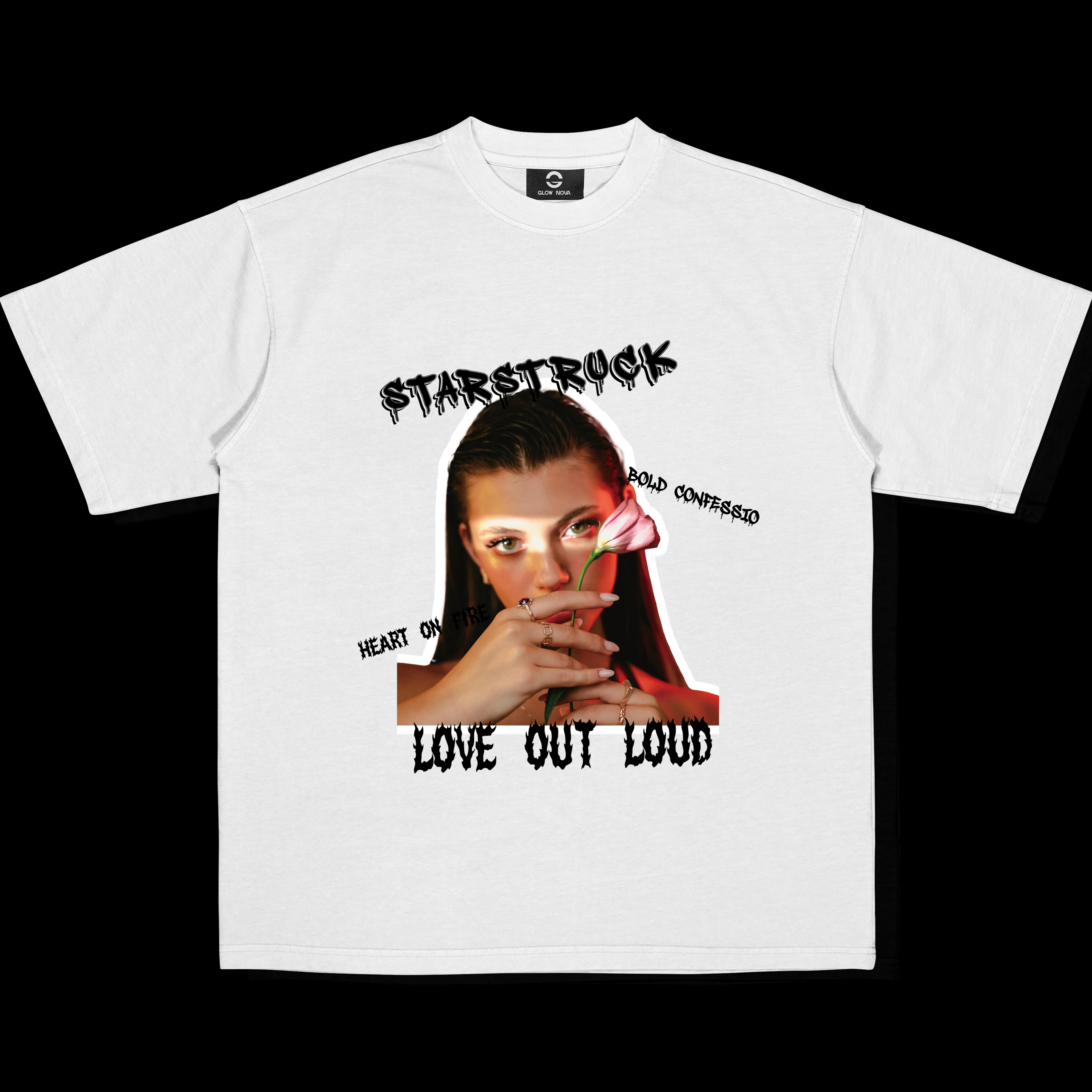 Custom T-shirt featuring a cutout PNG portrait as the main graphic — users can upload transparent images and combine with text, numbers, or supporting shapes, soft cotton, conceptual design.