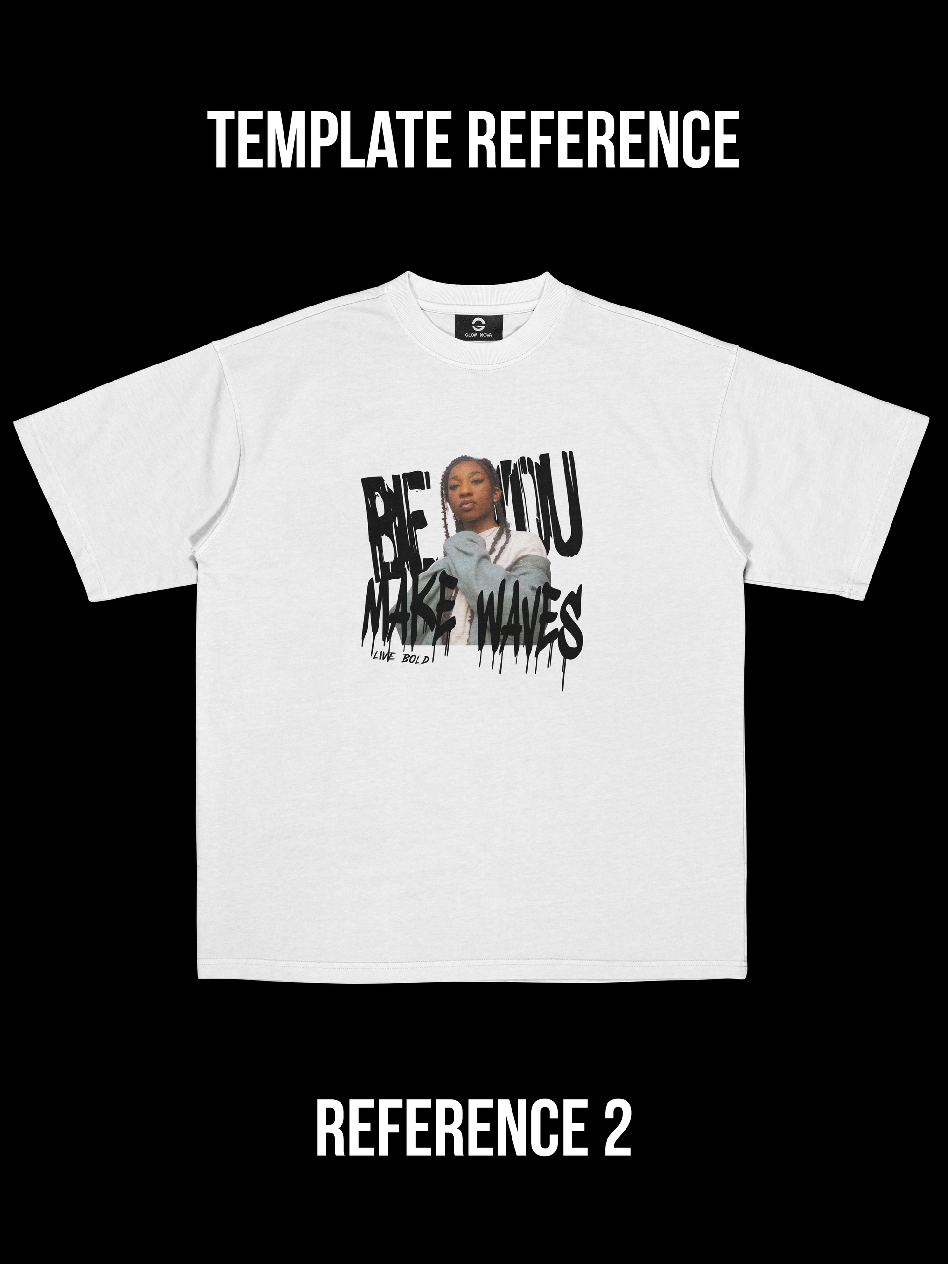 Custom T-shirt featuring a cutout PNG portrait interlaced with lines of text — fully customizable transparent portrait and surrounding text, premium cotton, layered experimental design.