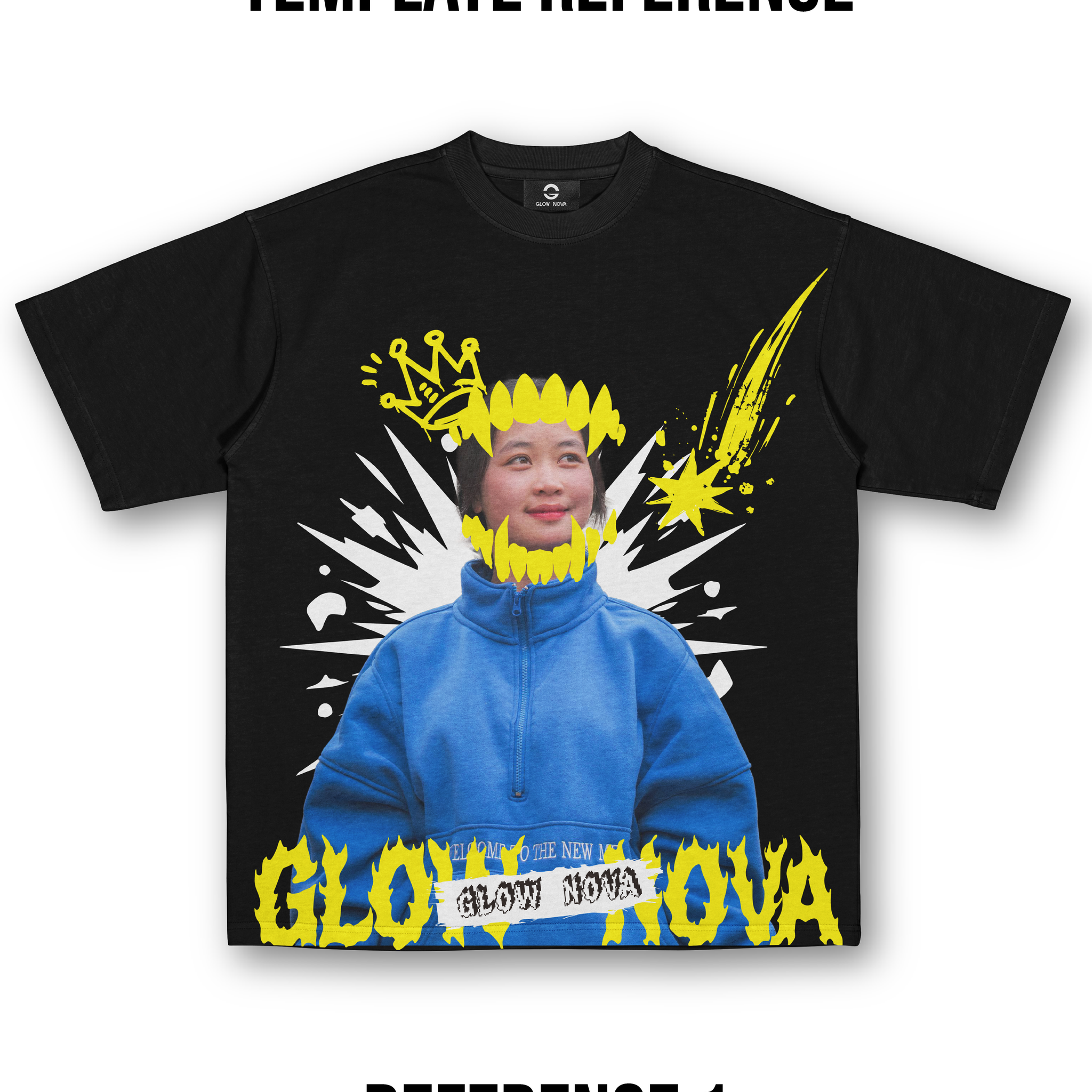 Custom T-shirt featuring a transparent-background portrait PNG with multiple sticker elements layered on top — fully customizable stickers, premium cotton, playful and personalized design.