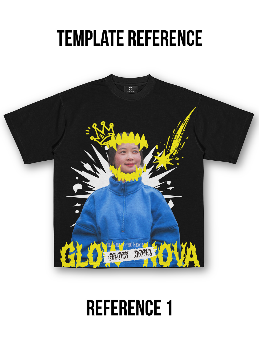 Custom T-shirt featuring a transparent-background portrait PNG with multiple sticker elements layered on top — fully customizable stickers, premium cotton, playful and personalized design.