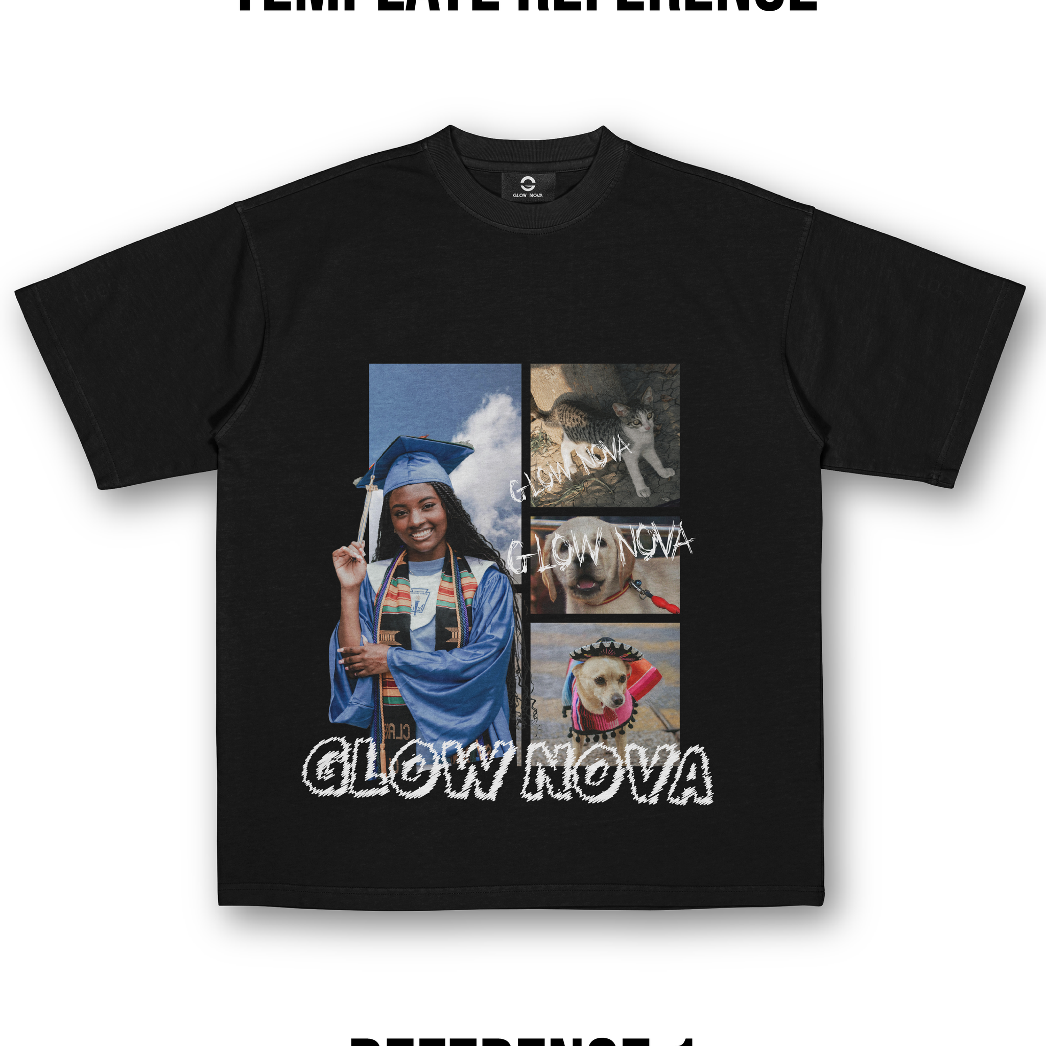 Custom T-shirt featuring a background image with layered PNG element and customizable text — upload your own background, transparent PNG, and text, soft cotton, rich layered visual design.