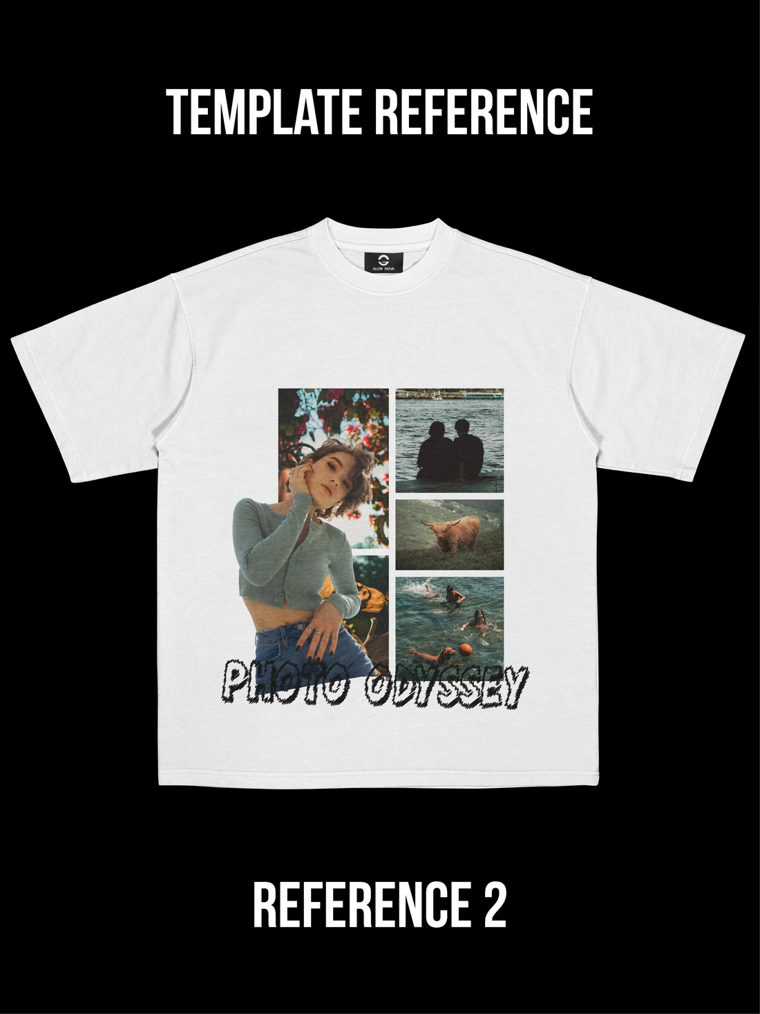 Custom T-shirt featuring a background image with layered PNG element and customizable text — upload your own background, transparent PNG, and text, soft cotton, rich layered visual design.