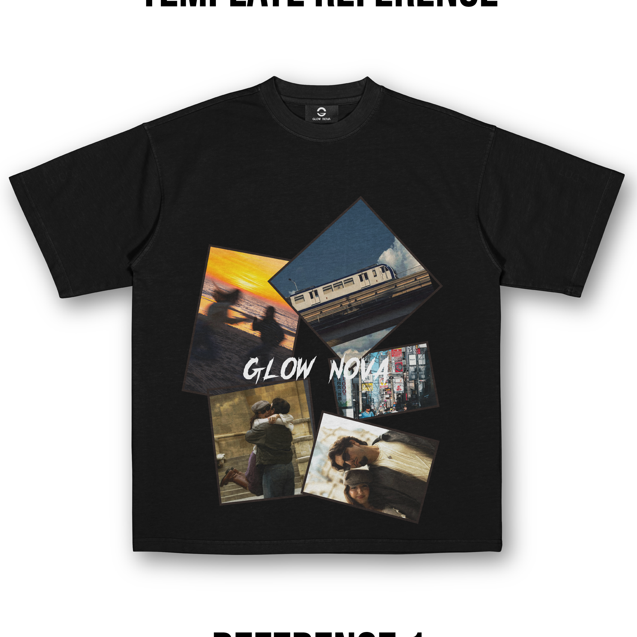 Custom T-shirt with bold collage-style layout of multiple layered images — upload portraits, textures, objects, and optional text, soft cotton, expressive design.