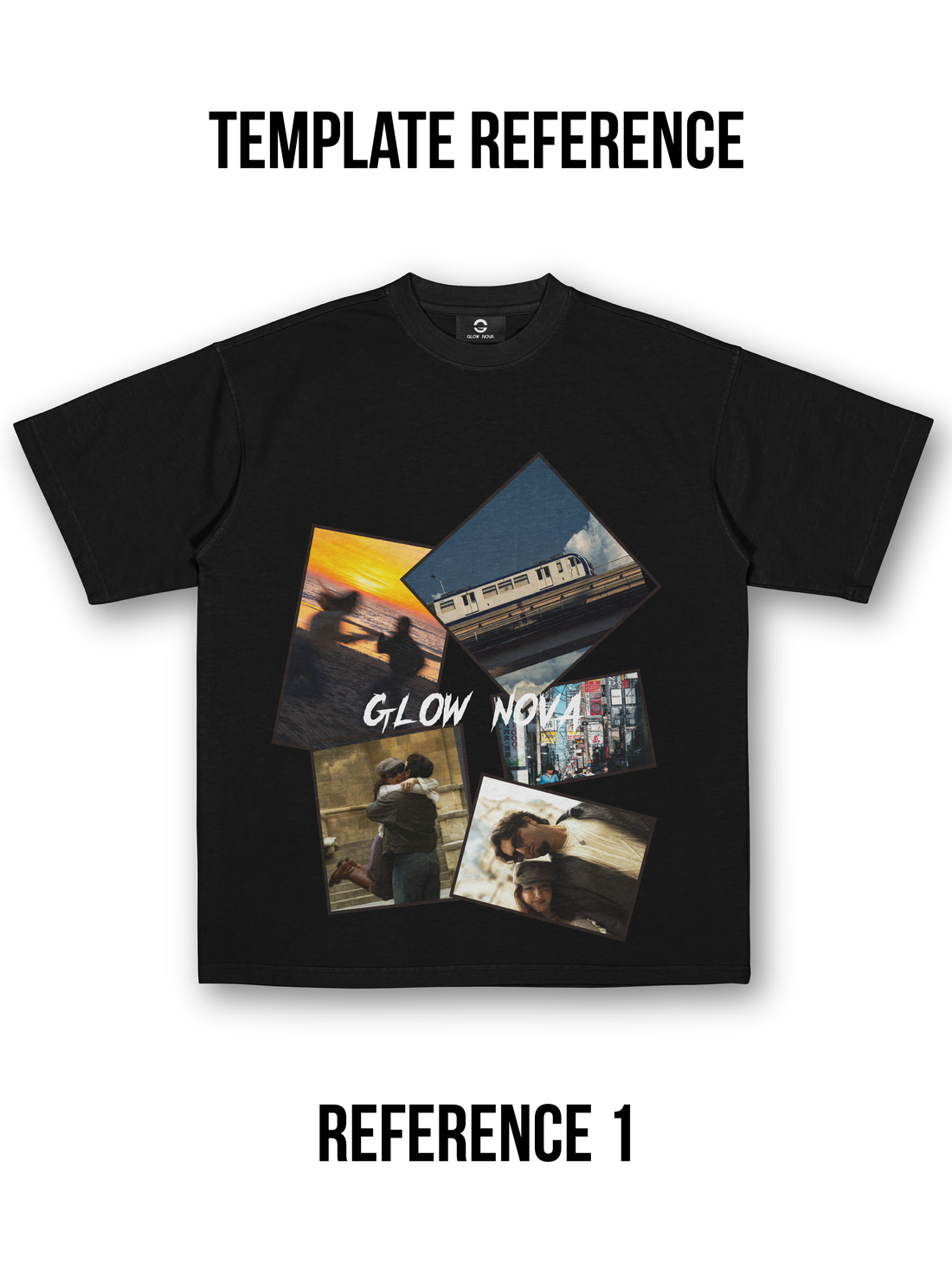 Custom T-shirt with bold collage-style layout of multiple layered images — upload portraits, textures, objects, and optional text, soft cotton, expressive design.