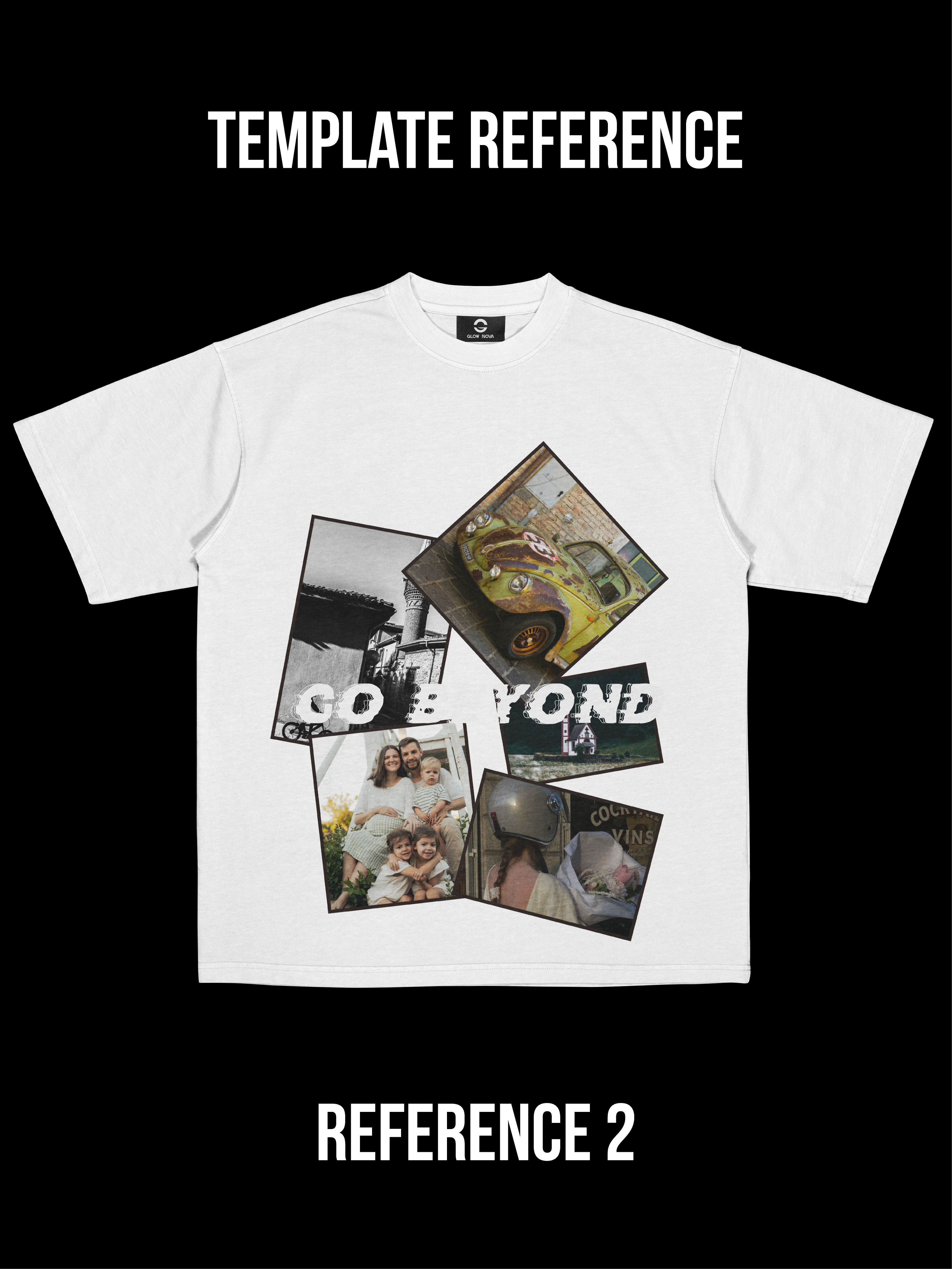 Custom T-shirt with bold collage-style layout of multiple layered images — upload portraits, textures, objects, and optional text, soft cotton, expressive design.