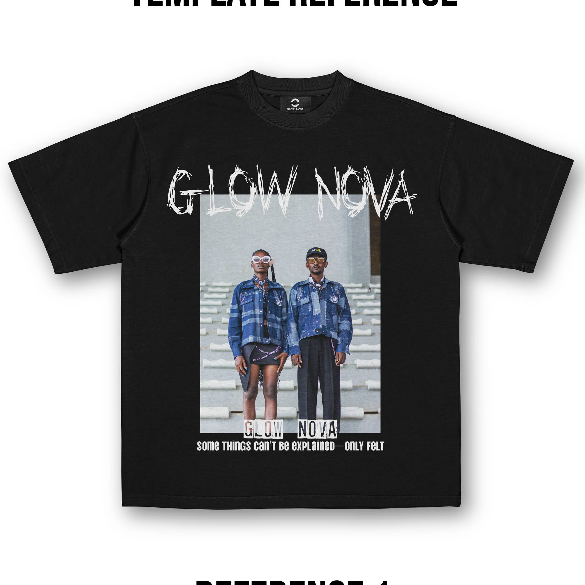 Custom T-shirt with structured layout — large title above, central image, and short phrase below. Fully customizable title, image, and caption, soft cotton, minimal modern design.