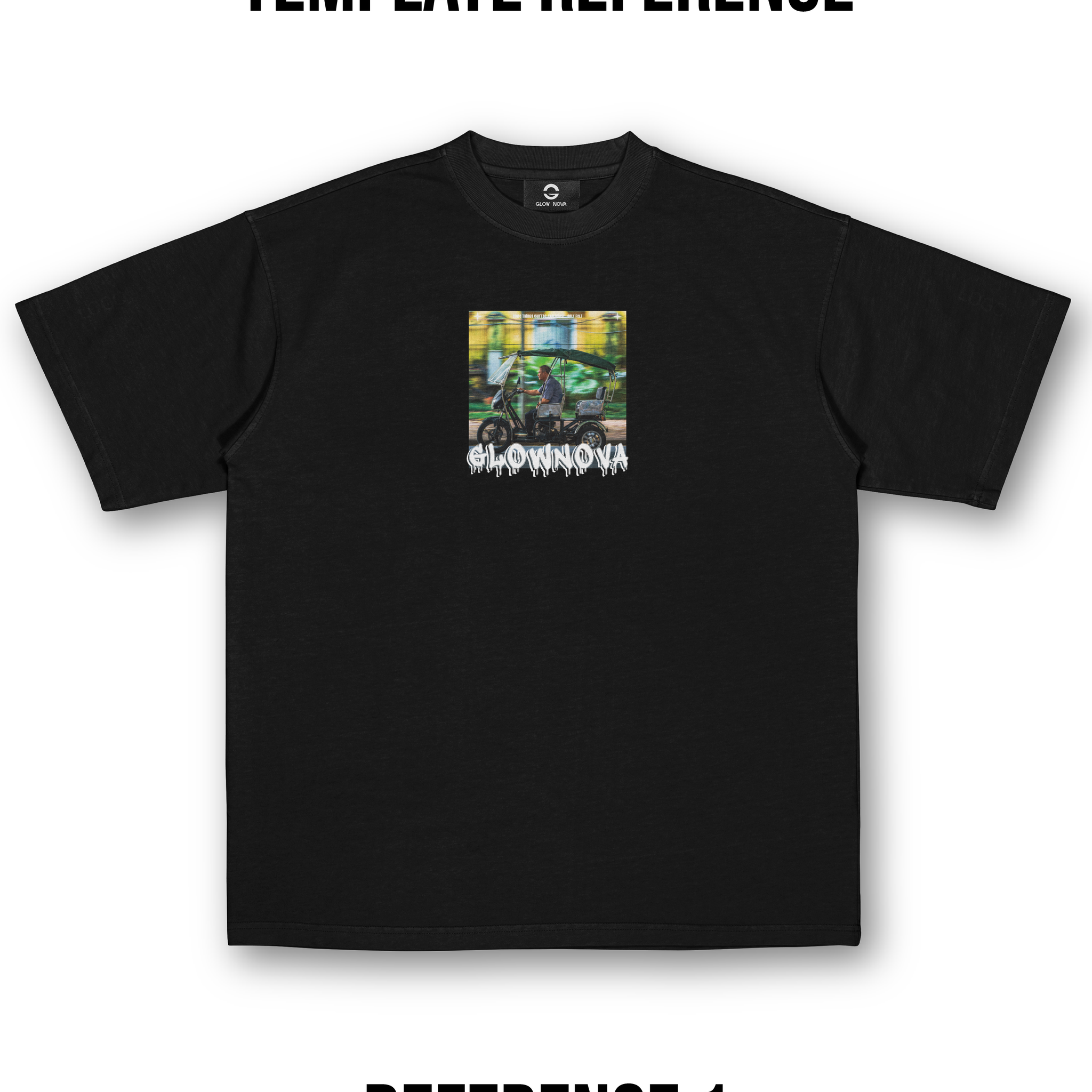 Custom T-shirt featuring a single square image with a small caption underneath — fully customizable image and text, soft cotton, minimal clean layout.