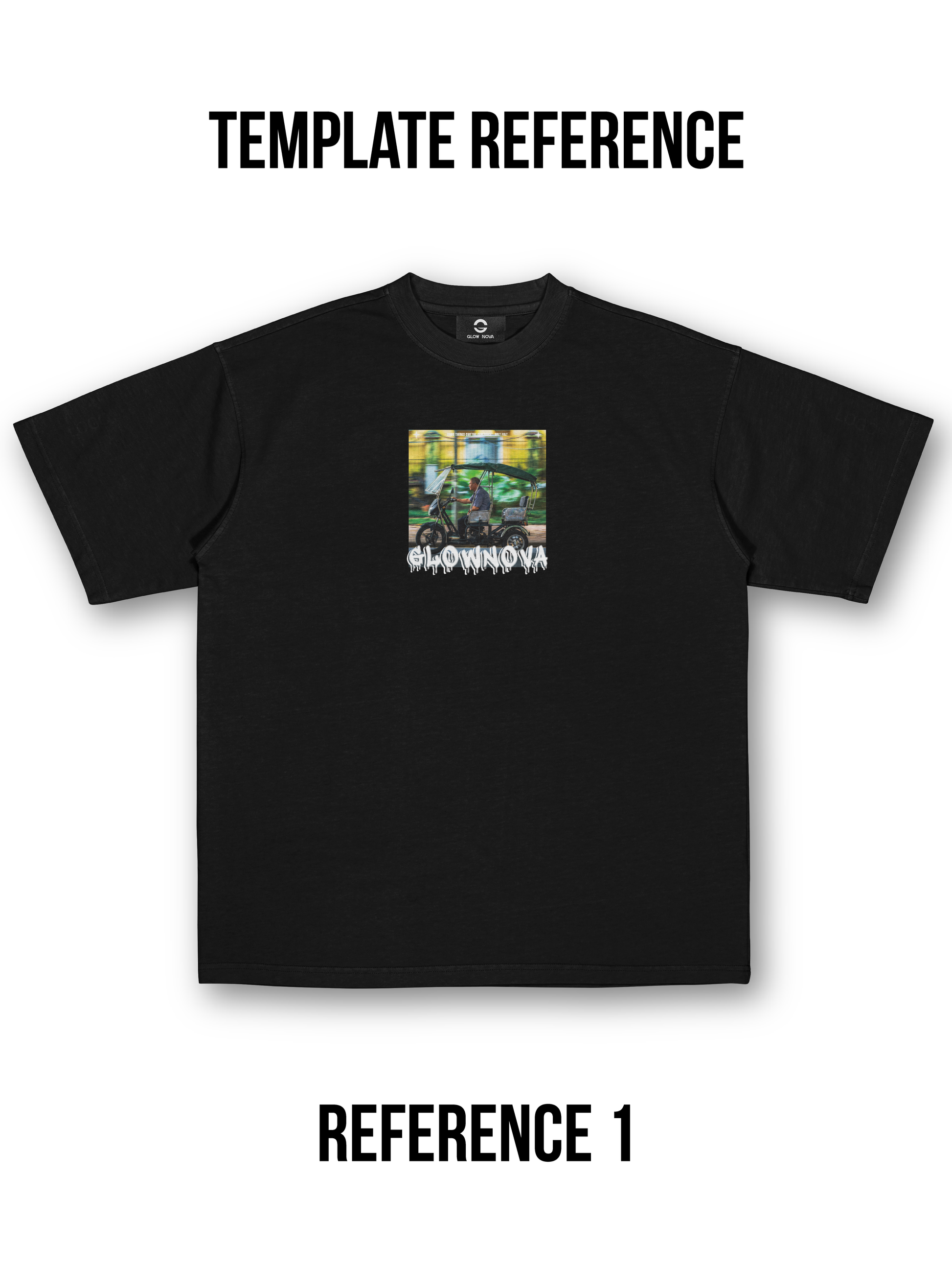 Custom T-shirt featuring a single square image with a small caption underneath — fully customizable image and text, soft cotton, minimal clean layout.