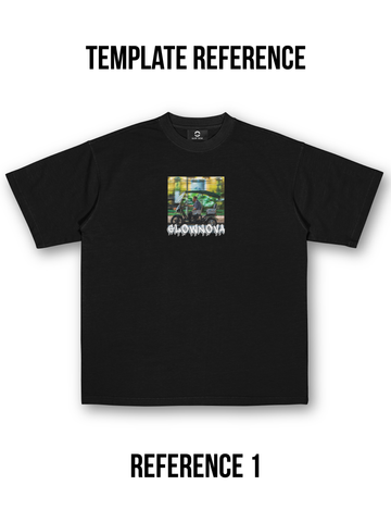 Custom T-shirt featuring a single square image with a small caption underneath — fully customizable image and text, soft cotton, minimal clean layout.