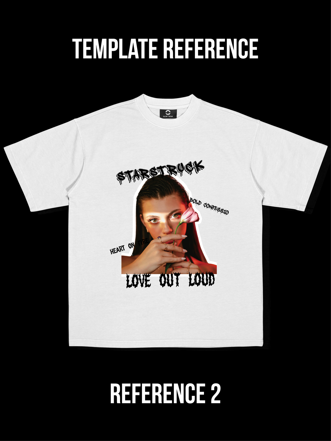 Custom T-shirt featuring a cutout PNG portrait as the main graphic — users can upload transparent images and combine with text, numbers, or supporting shapes, soft cotton, conceptual design.