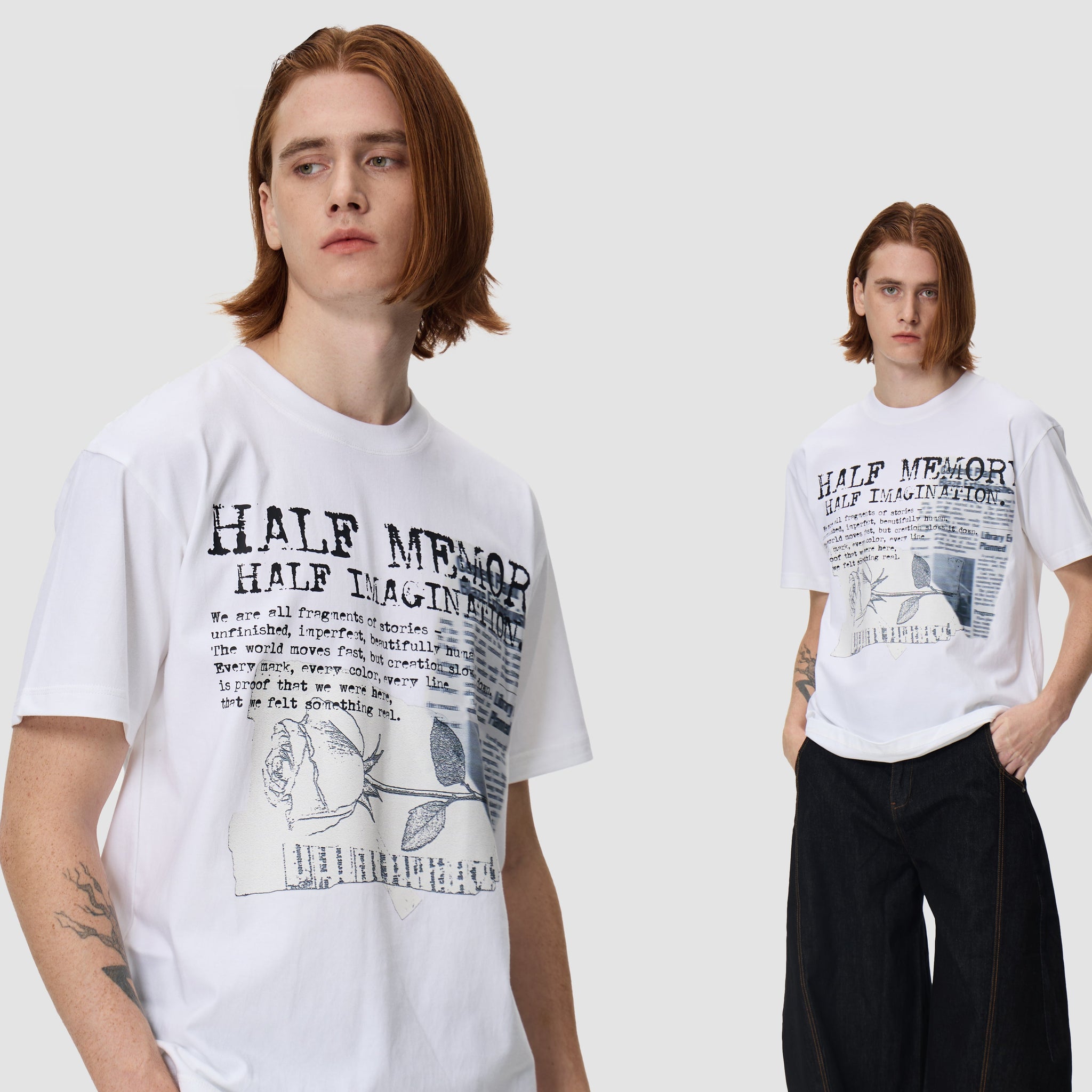 GLOWNVOA Model Image  Two people wearing white t-shirts with graphic designs on a plain background