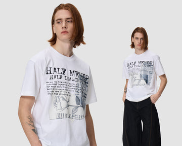 GLOWNVOA Model Image  Two people wearing white t-shirts with graphic designs on a plain background