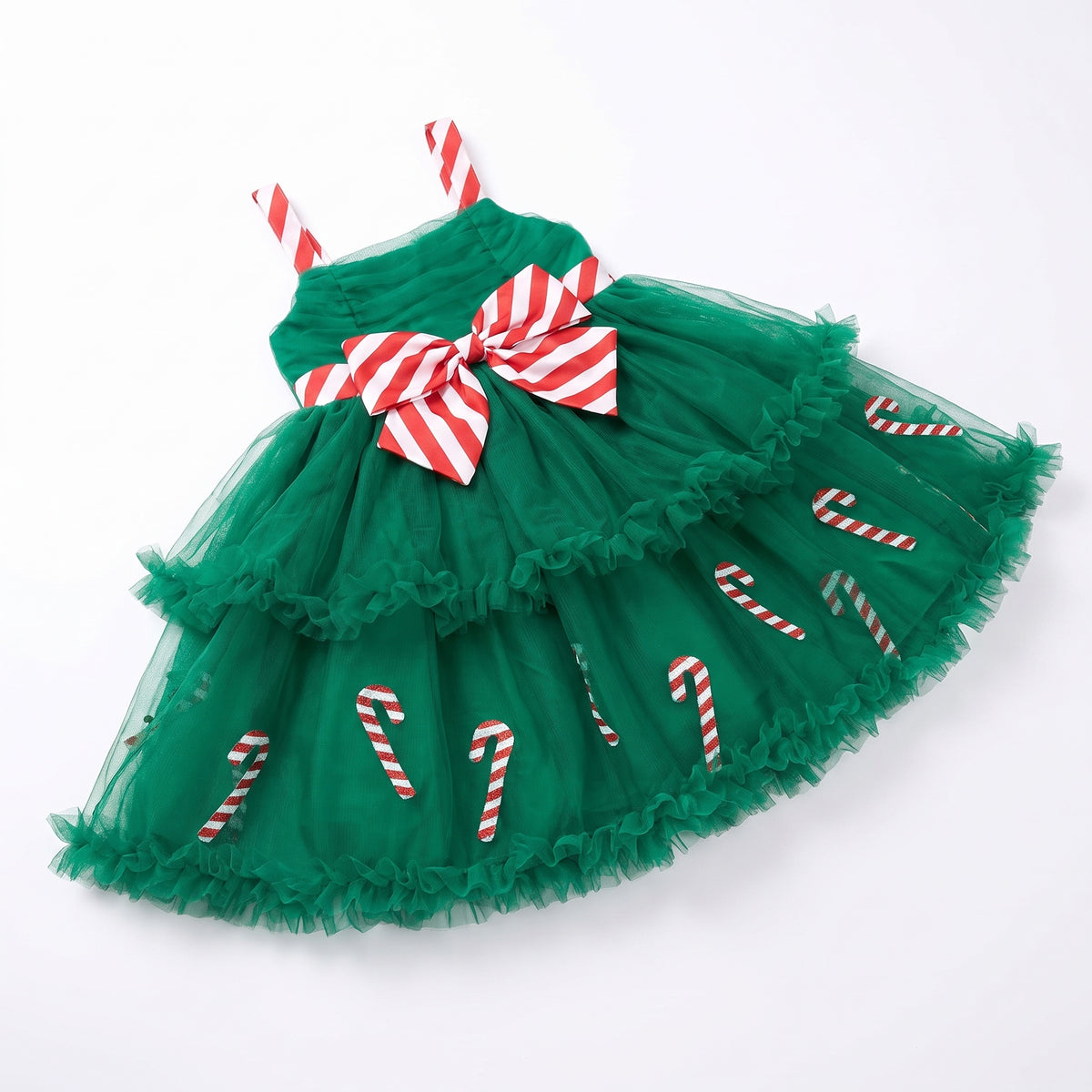 [WHOLESALE ONLY - CONTACT TO ORDER] Toddler Girls Festive Christmas Candy Cane Tiered Tulle Tutu Dress (Green) - Holiday Catalog Display Only (Do Not Order Directly)