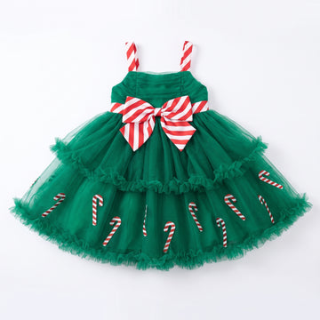 [WHOLESALE ONLY - CONTACT TO ORDER] Toddler Girls Festive Christmas Candy Cane Tiered Tulle Tutu Dress (Green) - Holiday Catalog Display Only (Do Not Order Directly)