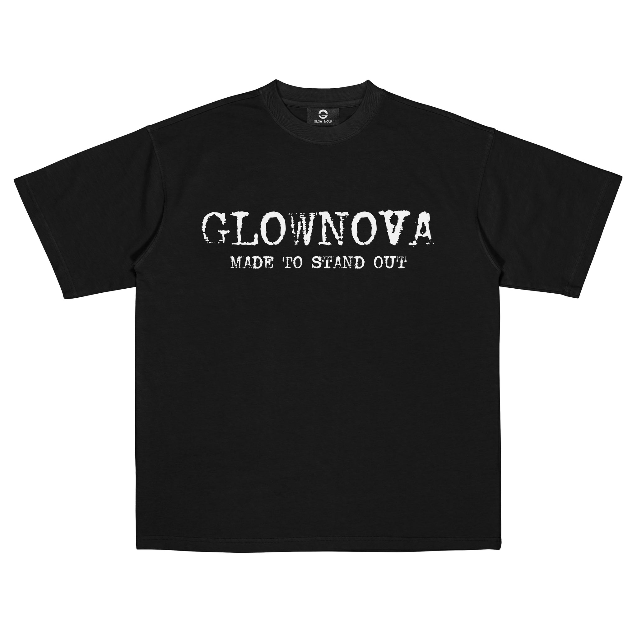 Black t-shirt with 'GLOWNOVA Made to Stand Out' text on a white background