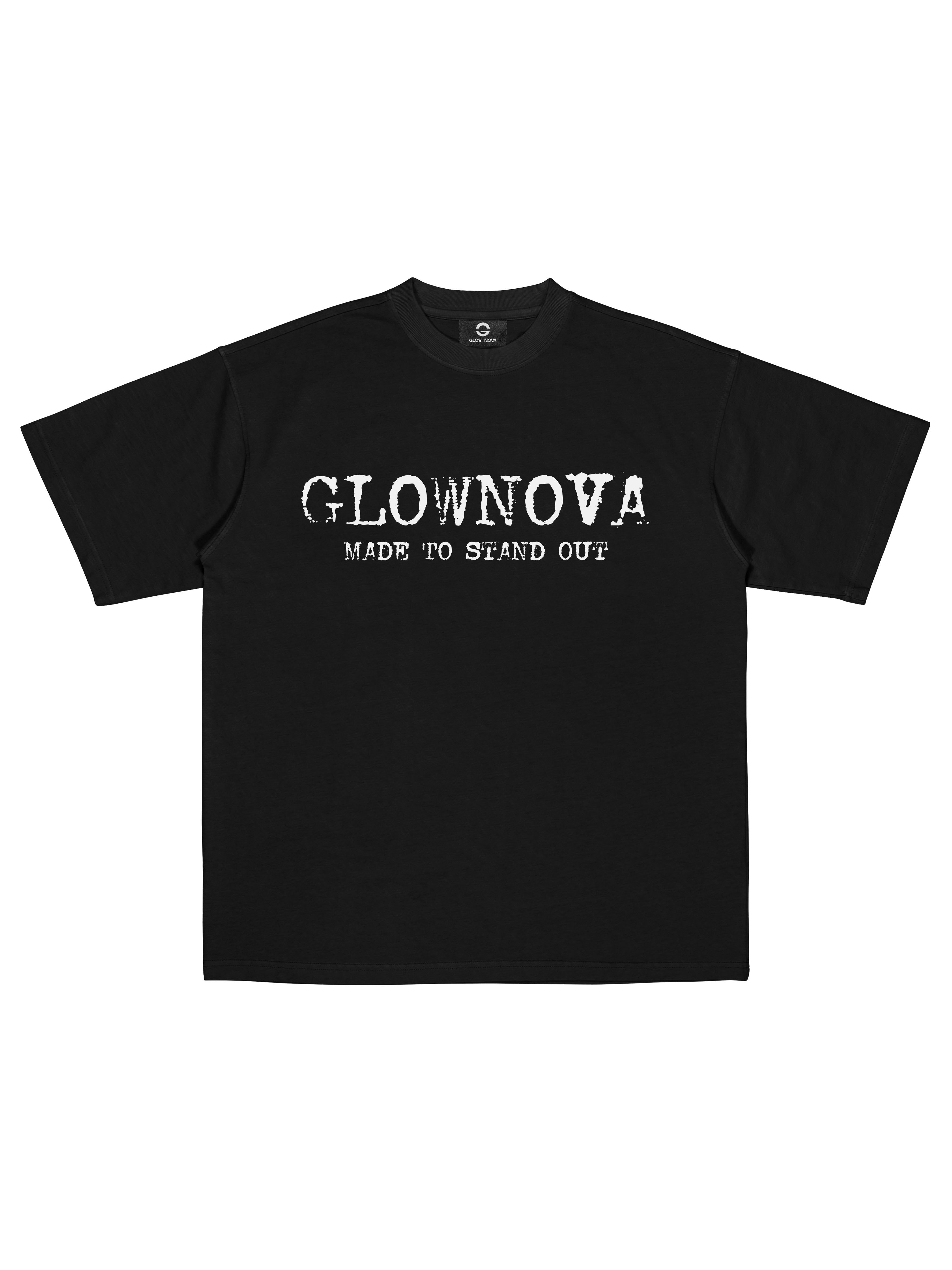 Black t-shirt with 'GLOWNOVA Made to Stand Out' text on a white background