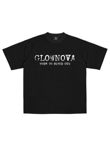 Black t-shirt with 'GLOWNOVA Made to Stand Out' text on a white background