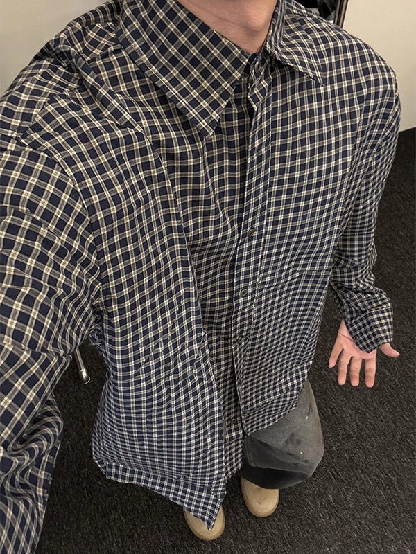 [WHOLESALE ONLY - CONTACT TO ORDER] Unisex Relaxed Fit 100% Cotton Yarn-Dyed Check Long Sleeve Button-Down Shirt (Navy & Khaki) [AW-274]