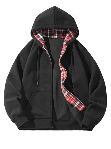 [WHOLESALE ONLY - CONTACT TO ORDER] Unisex Heavyweight 70% Cotton Tartan Plaid Lined Full-Zip Fleece Hoodie Jacket (Midnight Black / Red Plaid) [AW-384]