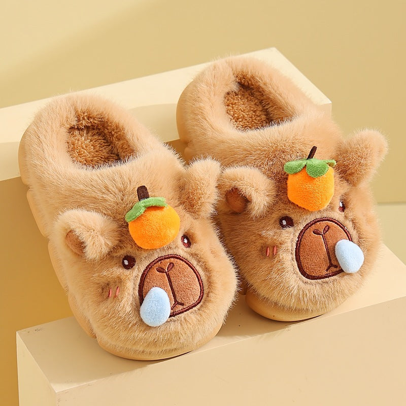 [WHOLESALE ONLY - CONTACT TO ORDER] Unisex 3D Cute Capybara with Orange & Snot Bubble Plush Platform Slippers (Warm Caramel Brown) [FM-137]