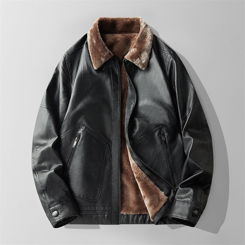 [WHOLESALE ONLY - CONTACT TO ORDER] Men's Heavyweight Faux Leather Sherpa Fleece Lined Winter Bomber Jacket with Fur Collar (Black) [AW-254]