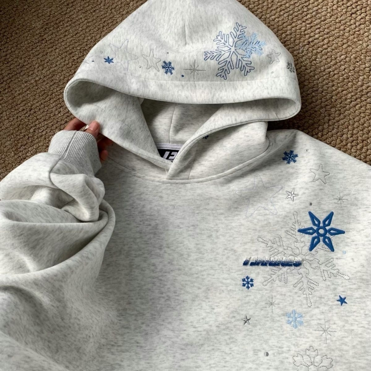 [WHOLESALE ONLY - CONTACT TO ORDER] Unisex Heavyweight 75% Cotton Winter Snowflake & Starburst Multi-Embroidery Fleece Hoodie (Oatmeal Heather Grey) [AW-431]