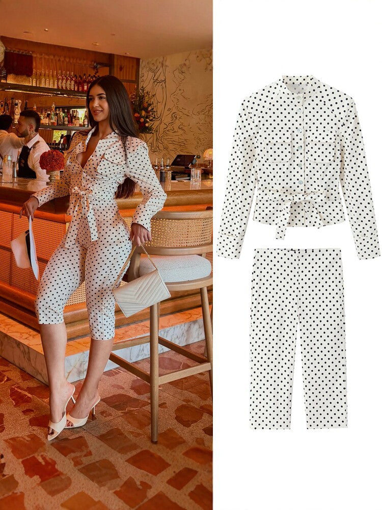 [WHOLESALE ONLY - CONTACT TO ORDER] Women's Vintage Polka Dot Cotton Blend Belted Jacket and Cropped Capri Pants Two-Piece Set (Cream Black Dot) [AW-449]