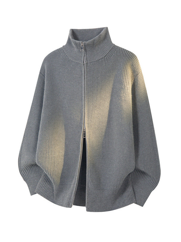 [WHOLESALE ONLY - CONTACT TO ORDER] Unisex Heavyweight 65% Cotton Ribbed Stand Collar Two-Way Zip Knit Cardigan Sweater (Foggy Blue-Grey) [AW-374]