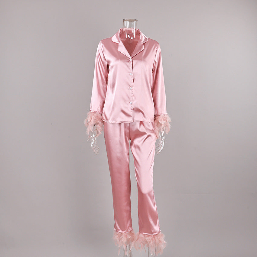 [WHOLESALE ONLY - CONTACT TO ORDER] Women's Cotton Blend 2-Piece Silky Satin Notch-Lapel Pajama Set with Feather Trim (Pearl Pink) [AW-547]