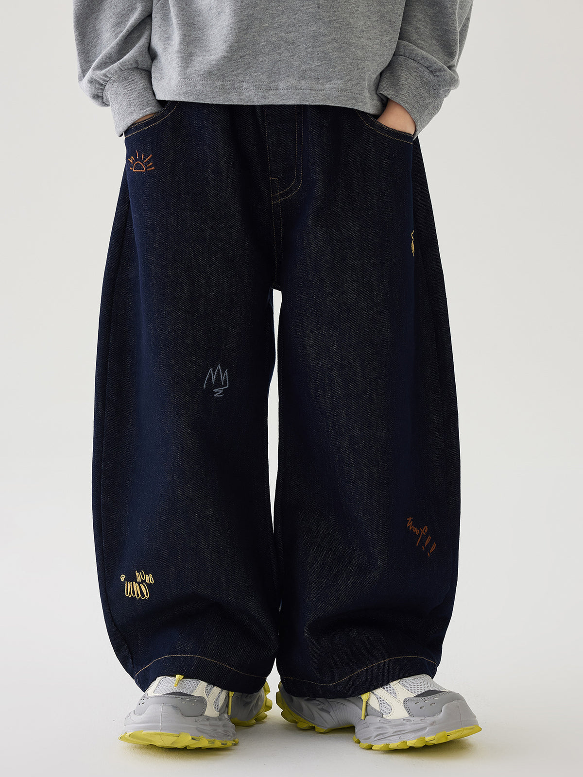 [WHOLESALE ONLY - CONTACT TO ORDER] Kids Unisex Raw Indigo Barrel Balloon Fit 100% Cotton Denim Jeans with Doodle Embroidery (Deep Indigo) [KW-193]