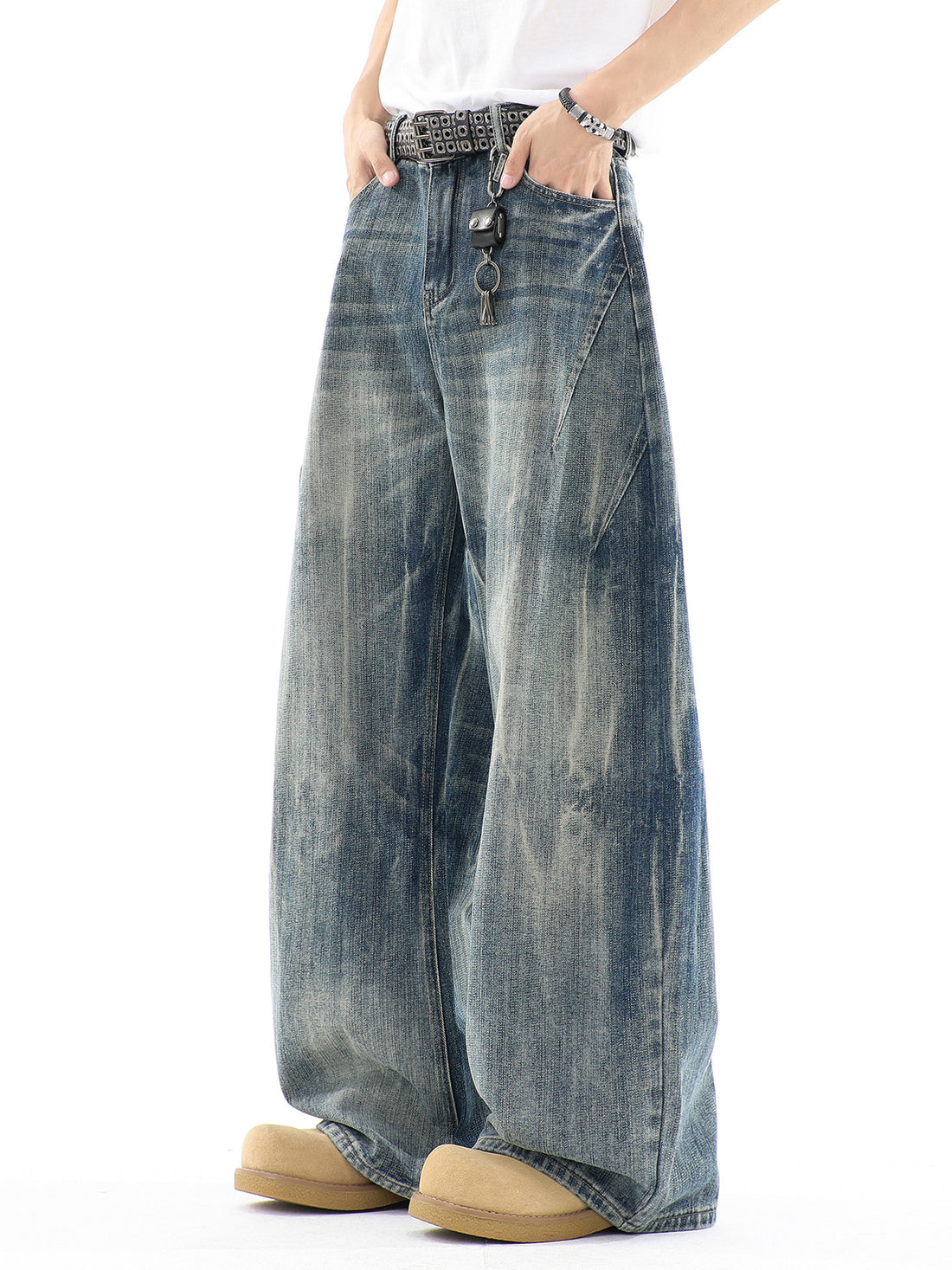 [WHOLESALE ONLY - CONTACT TO ORDER] Men's Heavyweight 100% Cotton Baggy Curved Seam Balloon Wide-Leg Jeans (Vintage Washed Blue) [AW-475]