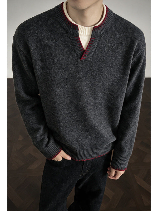 [WHOLESALE ONLY - CONTACT TO ORDER] Unisex Oversized 70% Combed Cotton Heavyweight Layered Notch Neck Knit Sweater with Contrast Stitching (Charcoal Grey) [AW-401]