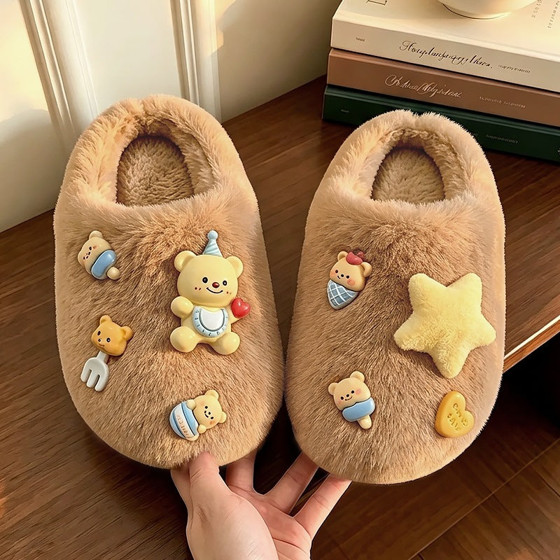[WHOLESALE ONLY - CONTACT TO ORDER] Women's Cute 3D Butter Bear & Star Plush Faux Fur Platform Slippers (Milk Tea Brown) [FM-136]
