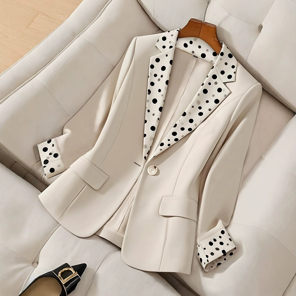 [WHOLESALE ONLY - CONTACT TO ORDER] Women's Elegant Slim-Fit Polka Dot Contrast Notch Lapel Crepe Suit Blazer (Beige Apricot) [AW-394]