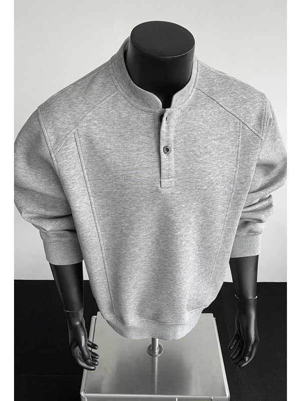 [WHOLESALE ONLY - CONTACT TO ORDER] Men's Korean Clean Fit Heavyweight Scuba Fleece Drop-Shoulder Henley Sweatshirt (Heather Grey Melange) [AW-337]