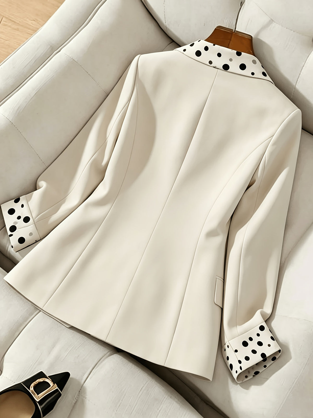 [WHOLESALE ONLY - CONTACT TO ORDER] Women's Elegant Slim-Fit Polka Dot Contrast Notch Lapel Crepe Suit Blazer (Beige Apricot) [AW-394]
