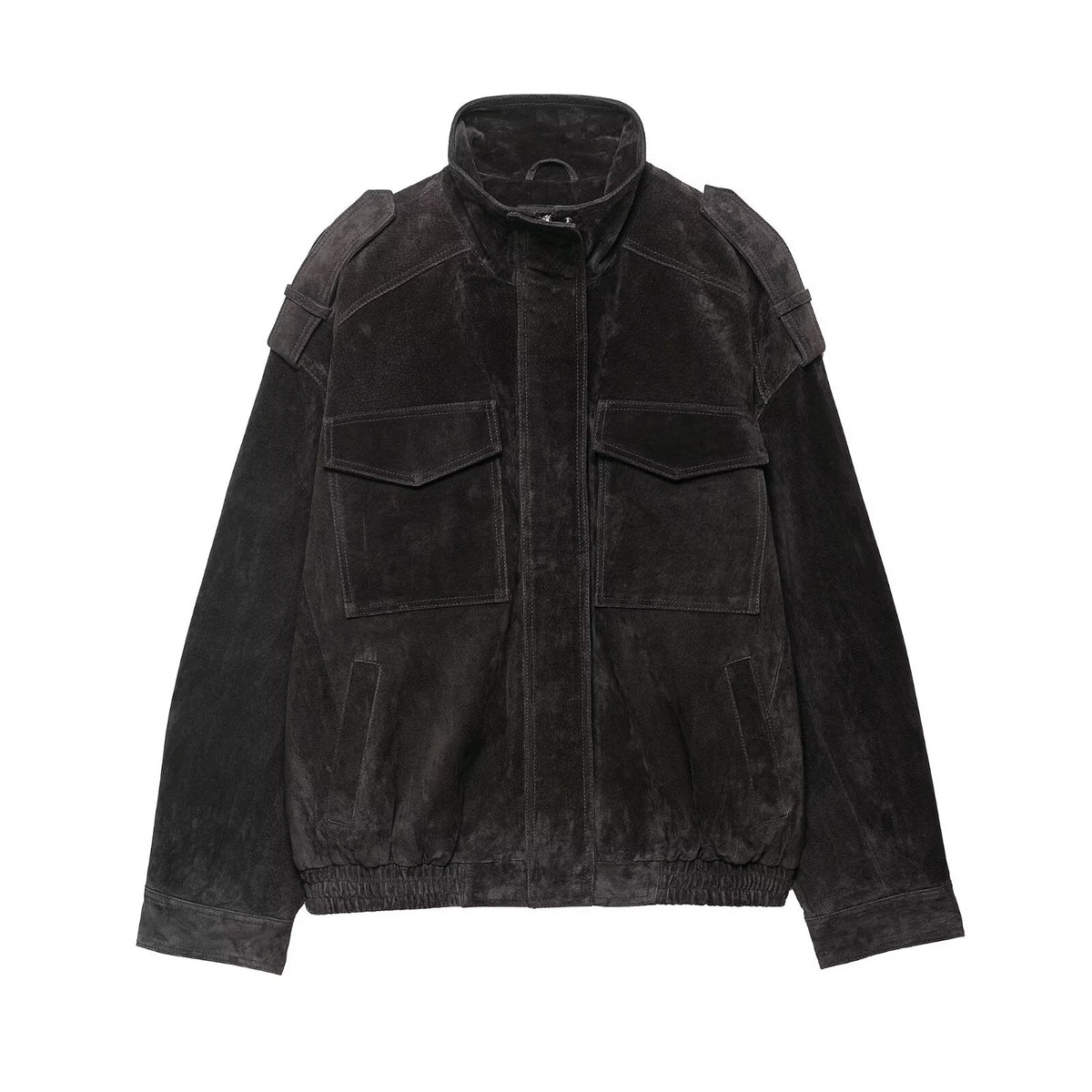 [WHOLESALE ONLY - CONTACT TO ORDER] Women's Oversized Cotton Blend Heavyweight Faux Suede Stand Collar Bomber Jacket with Shoulder Epaulets (Washed Black) [AW-453]