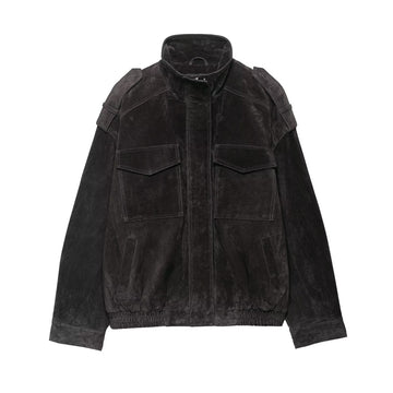 [WHOLESALE ONLY - CONTACT TO ORDER] Women's Oversized Cotton Blend Heavyweight Faux Suede Stand Collar Bomber Jacket with Shoulder Epaulets (Washed Black) [AW-453]