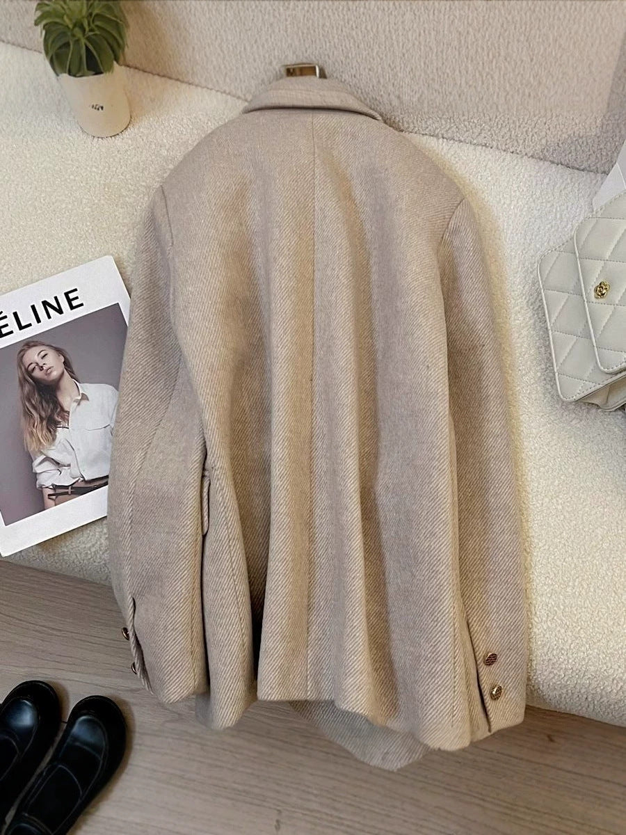 [WHOLESALE ONLY - CONTACT TO ORDER] Women's Korean Old Money Herringbone Tweed Wool Blend Tailored Blazer Jacket (Light Oatmeal Melange) [AW-318]
