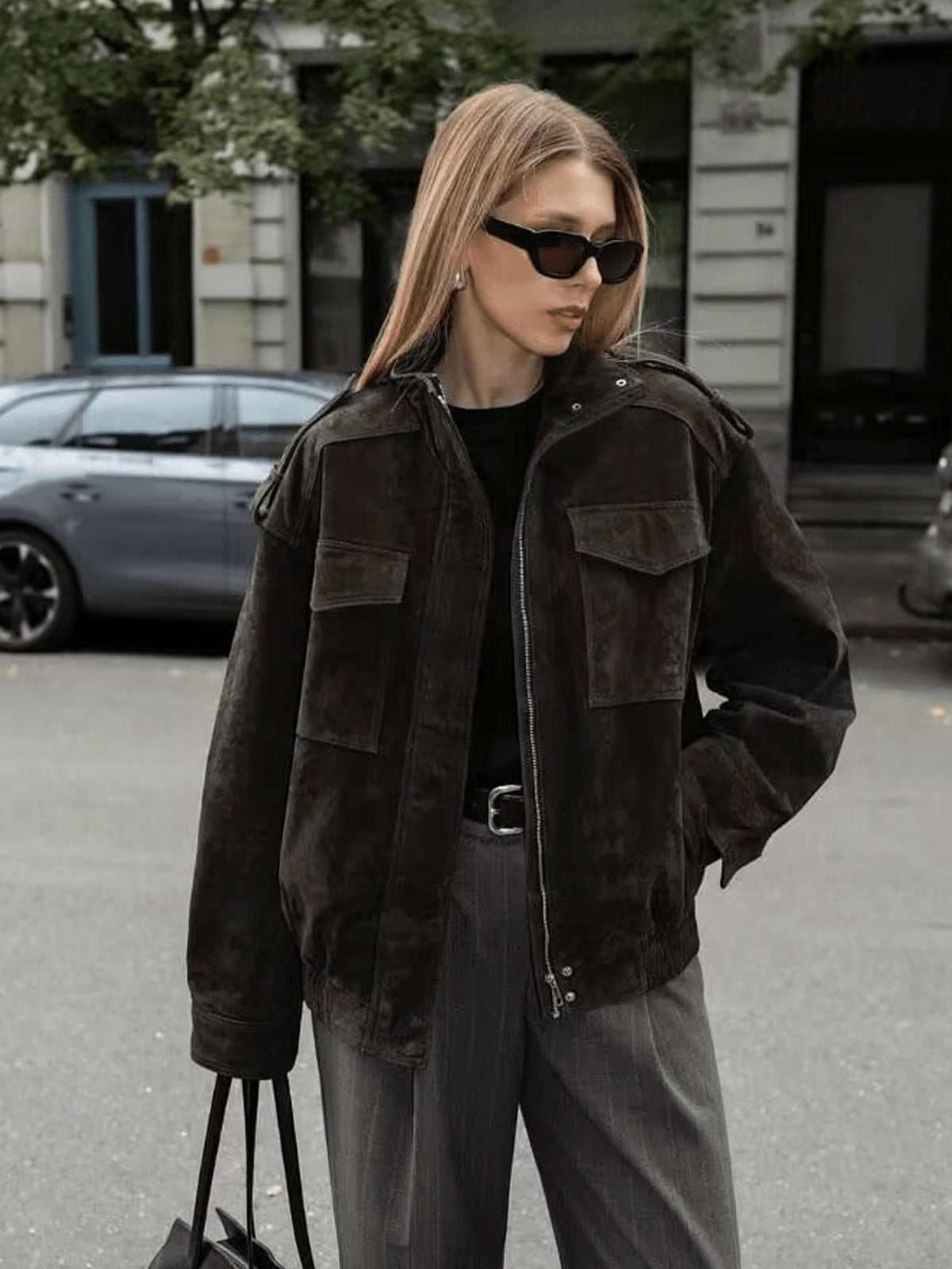 [WHOLESALE ONLY - CONTACT TO ORDER] Women's Oversized Cotton Blend Heavyweight Faux Suede Stand Collar Bomber Jacket with Shoulder Epaulets (Washed Black) [AW-453]