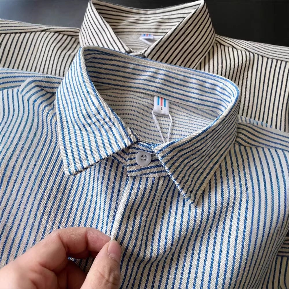 [WHOLESALE ONLY - CONTACT TO ORDER] Unisex Relaxed Fit Heavyweight 100% Cotton Twill Striped Long Sleeve Button-Up Shirt (Black Stripe / Blue Stripe) [AW-441]