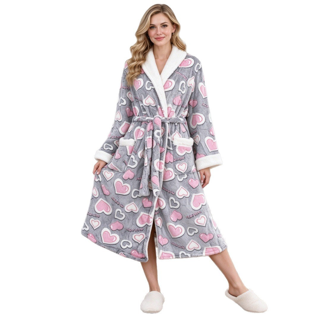 [WHOLESALE ONLY - CONTACT TO ORDER] Women's Heavyweight Fleece Plush Bathrobe with Sherpa Shawl Collar & Belt (Grey Stars / Hearts) [AW-405]
