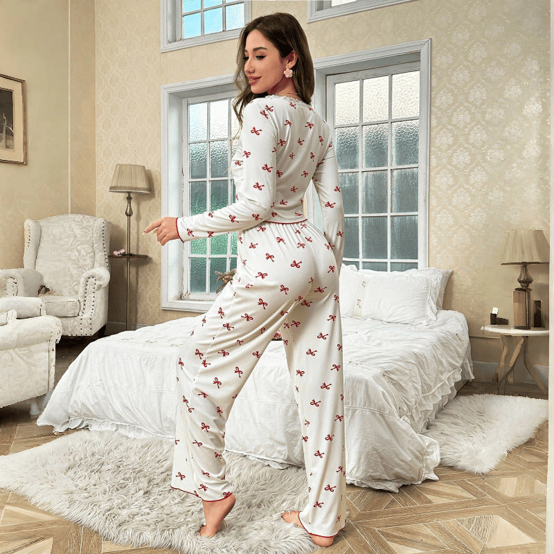 [WHOLESALE ONLY - CONTACT TO ORDER] Women's Coquette Aesthetic Ribbed Cotton Blend Red Bow Print Lace Trim Long Sleeve Pajama Set (Off-White) [AW-311]