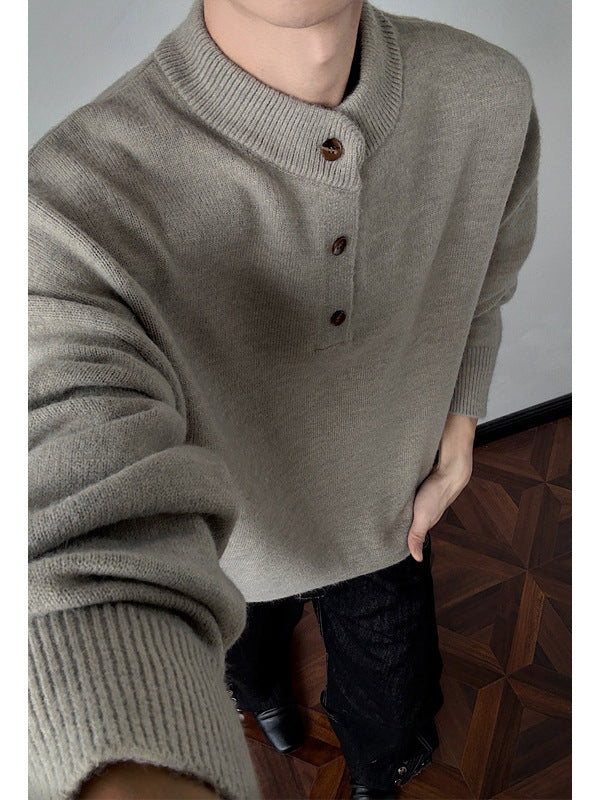 [WHOLESALE ONLY - CONTACT TO ORDER] Unisex Heavyweight 65% Cotton Ribbed Henley Collar Relaxed Knit Sweater (Heather Sage Grey) [AW-372]
