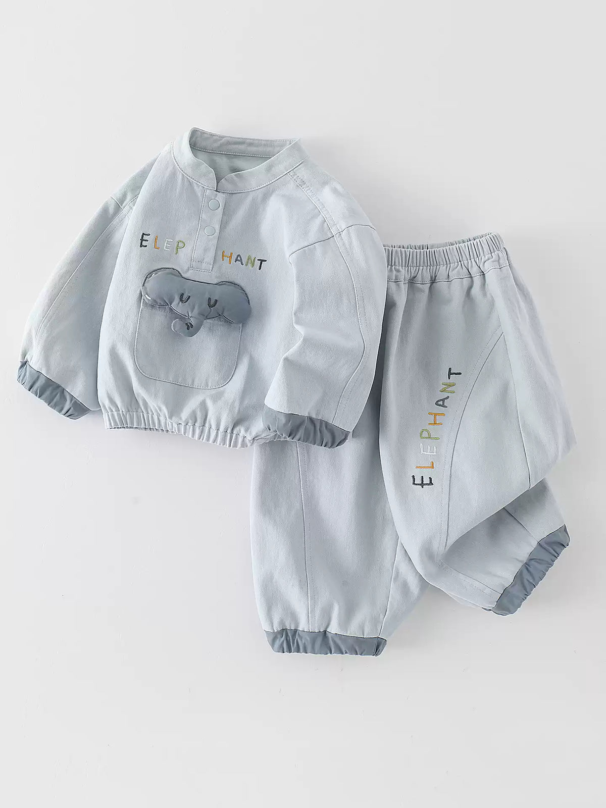 [WHOLESALE ONLY - CONTACT TO ORDER] Toddler Boys Lightweight Cotton Twill Windbreaker Pullover & Balloon Jogger Pants Set - 3D Padded Elephant Pocket Tracksuit [KW-157]