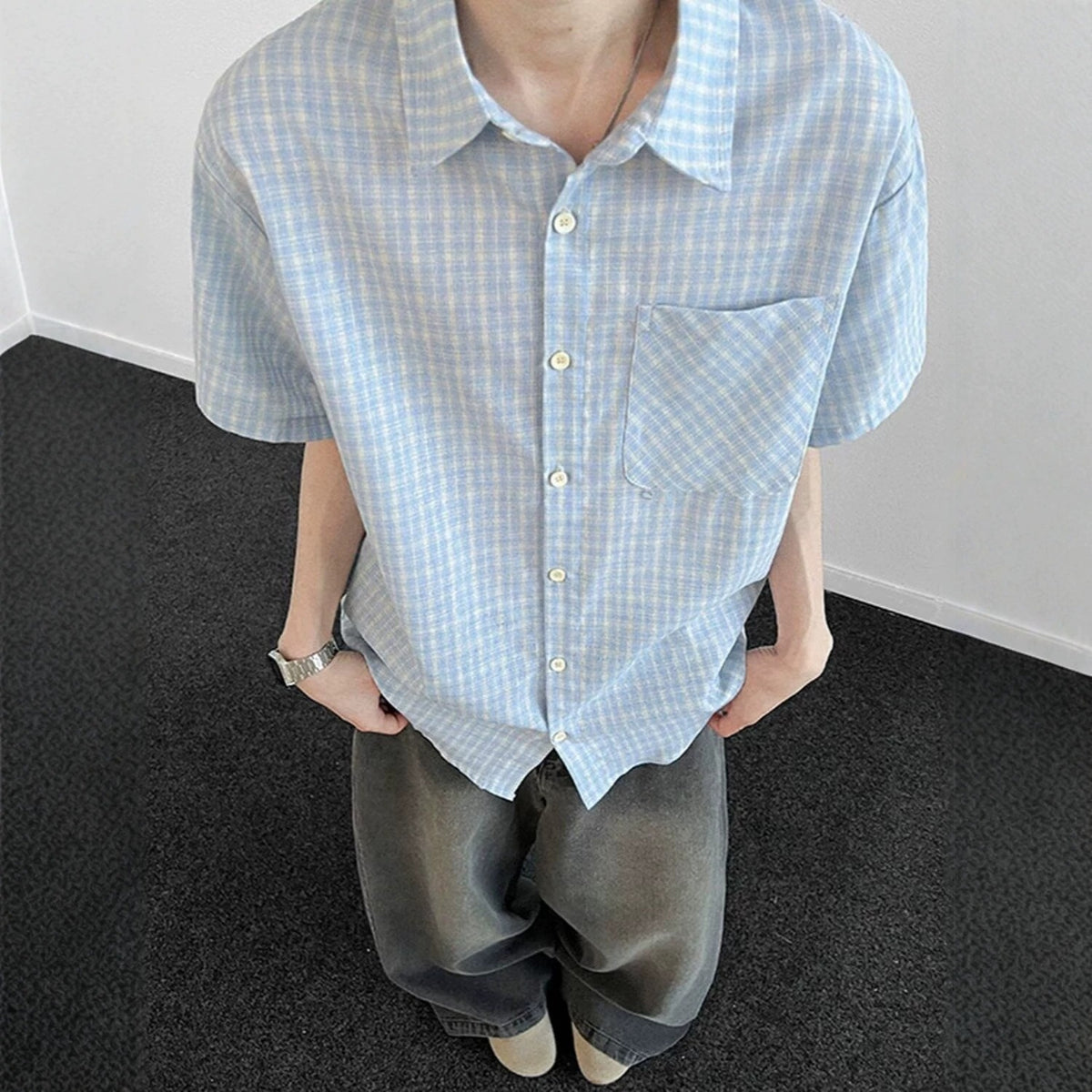 [WHOLESALE ONLY - CONTACT TO ORDER] Men's Relaxed Fit Cotton Linen Short Sleeve Plaid Button-Up Shirt with Chest Pocket (Sky Blue Plaid) [AW-444]