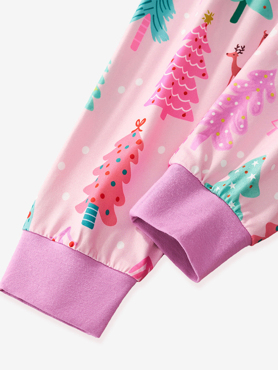 [WHOLESALE ONLY - CONTACT TO ORDER] Toddler & Girls Combed Cotton Pink Christmas Tree Winter Pajama Set (Pastel Pink/Lavender) [KW-235]