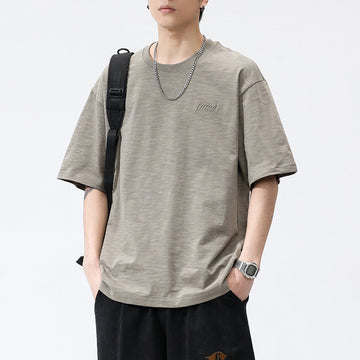 [WHOLESALE ONLY - CONTACT TO ORDER] Men's Heavyweight 100% Slub Cotton Oversized Drop-Shoulder T-Shirt with Embroidered Logo (Khaki Grey) [AW-462]